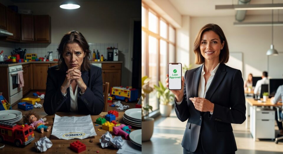 Businesswoman holding a smartphone with loan approval, smiling confidently in a modern office setting.