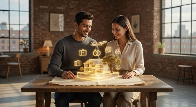 Young couple discussing prenuptial agreement with digital icons representing finances and assets in a contemporary setting.