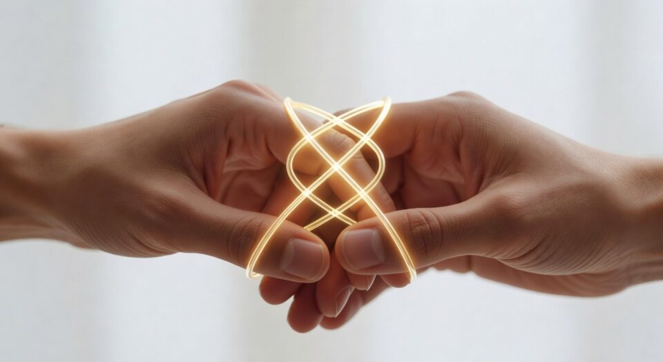 How to Talk About a Prenup Without Starting a Fight in 2026 2 Two hands holding intertwined glowing lines symbolizing connection and agreement, representing the importance of discussing prenuptial agreements openly and respectfully.