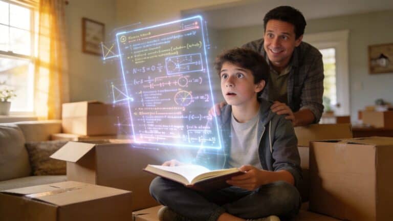 Father and son exploring educational content with holographic display during a family move to New Jersey, highlighting preparations and expectations for relocating with children.
