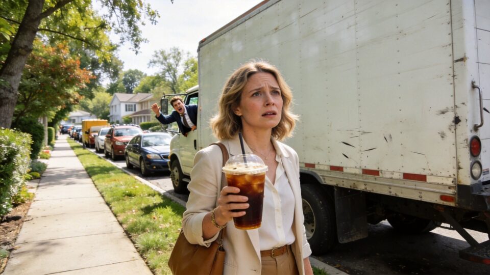 Woman holding iced coffee on a suburban street with moving trucks and a playful child in the background, illustrating family relocation to New Jersey.