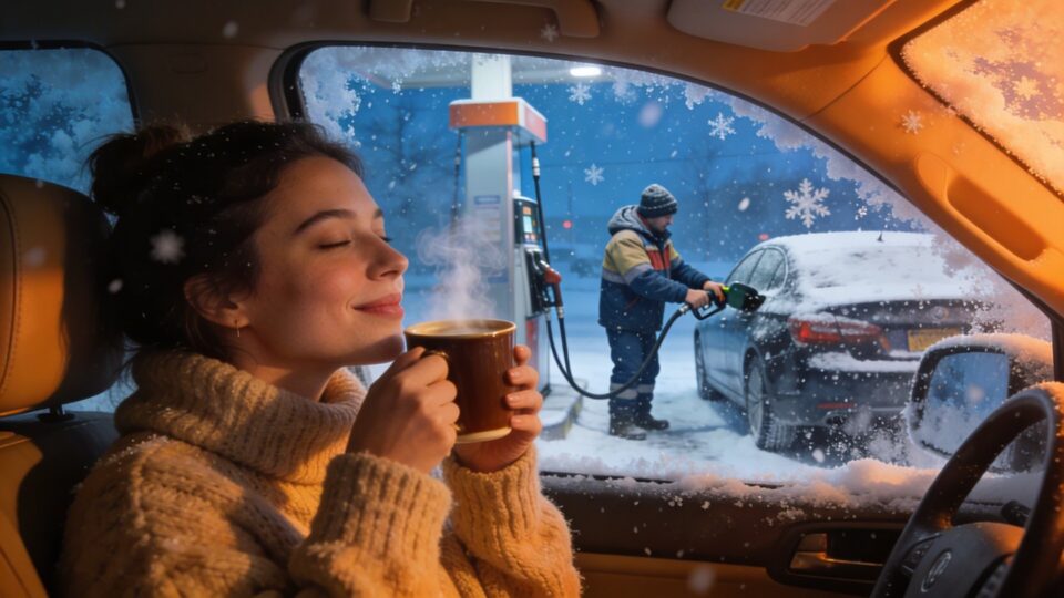 Woman enjoying a warm drink inside a car during a snowy winter day, with a child refueling a car outside in the snow, capturing a family winter travel scene.