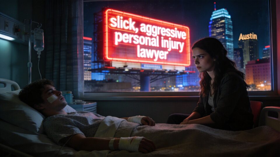 Questions to Ask a Personal Injury Lawyer Upfront 3 A woman consulting a personal injury lawyer in a dimly lit office with a neon sign reading "Slick, aggressive personal injury lawyer" and a city skyline in the background.