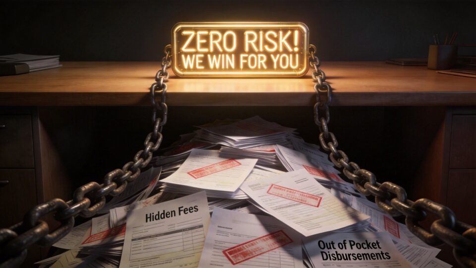 Questions to Ask a Personal Injury Lawyer Upfront 2 Illuminated sign reading "Zero Risk! We Win for You" above scattered legal documents and chains, symbolizing legal protection and risk-free personal injury claims.