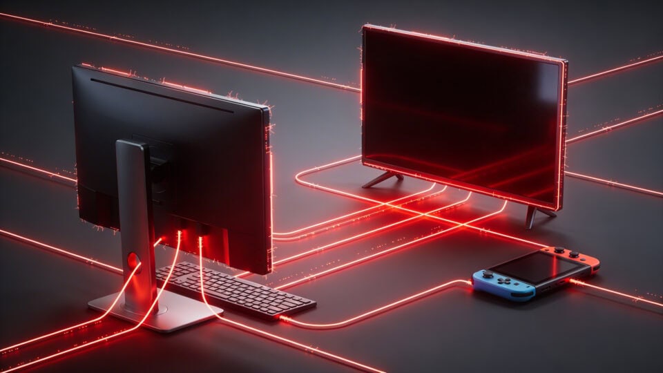 How to Keep Adult Games Private From Family 3 Two computer monitors connected with red digital lines, a gaming console, and a smartphone, illustrating private adult gaming setup and digital privacy protection.