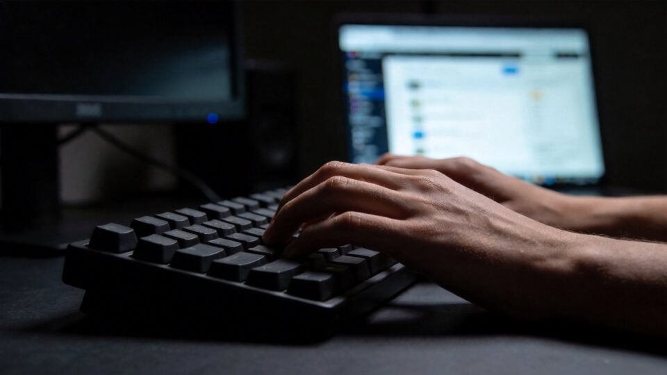 How to Keep Adult Games Private From Family 4 Person typing on a keyboard in a dimly lit room, emphasizing privacy and discretion for adult gaming content.