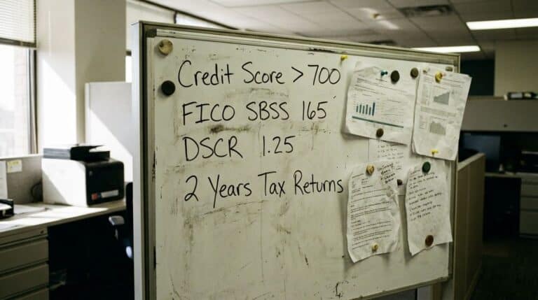 Whiteboard with credit score details, FICO, SBSS, DSCR, and tax return notes in an office setting.