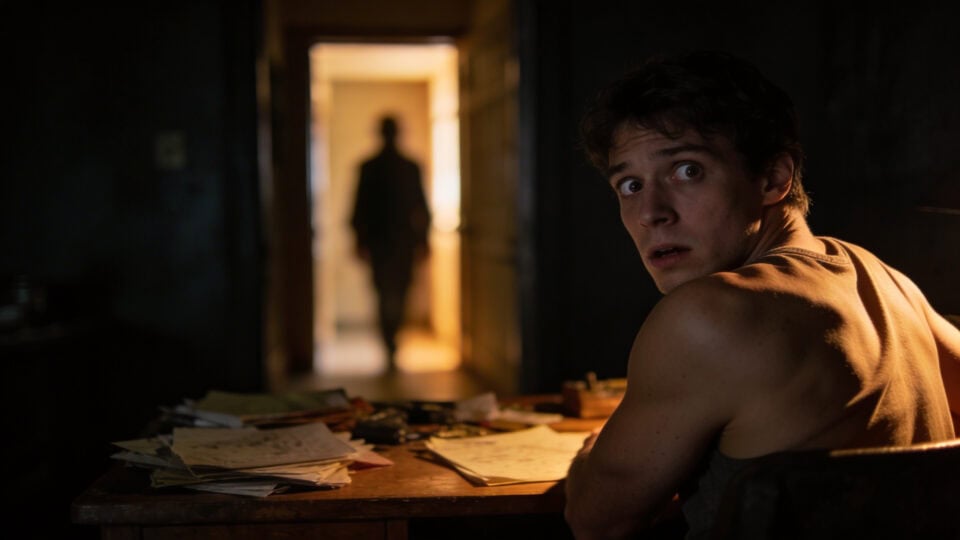 How to Keep Adult Games Private From Family 5 Young man looking surprised at a cluttered desk with papers, emphasizing the importance of keeping adult games private from family.