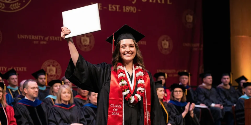 Young woman graduate holding diploma at graduation ceremony.