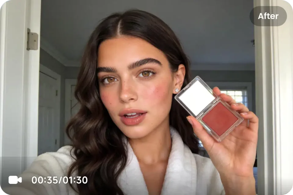 Young woman holding a makeup compact with blush, demonstrating the product for a review.