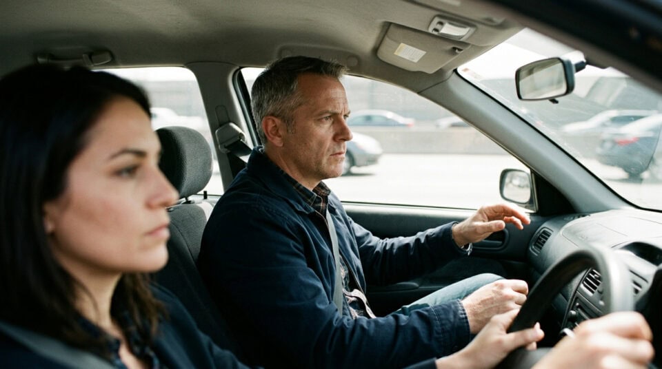Adult male driving a car with a young female passenger, illustrating Nevada permit driving rules.