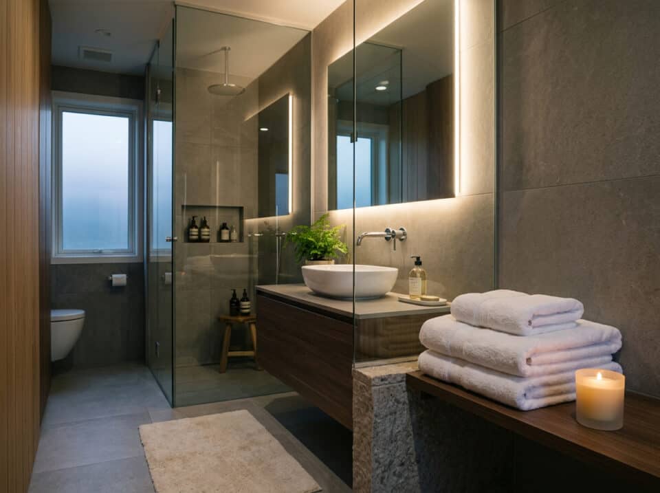 How to Hire an Escort for Your Husband Safely 3 Luxurious bathroom featuring a sleek vanity, illuminated mirrors, and a cozy ambiance with candles and fresh towels.