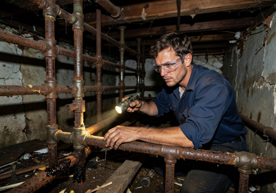 Skilled plumber examining plumbing pipes with a flashlight in a basement setting, emphasizing the importance of trades in future careers.