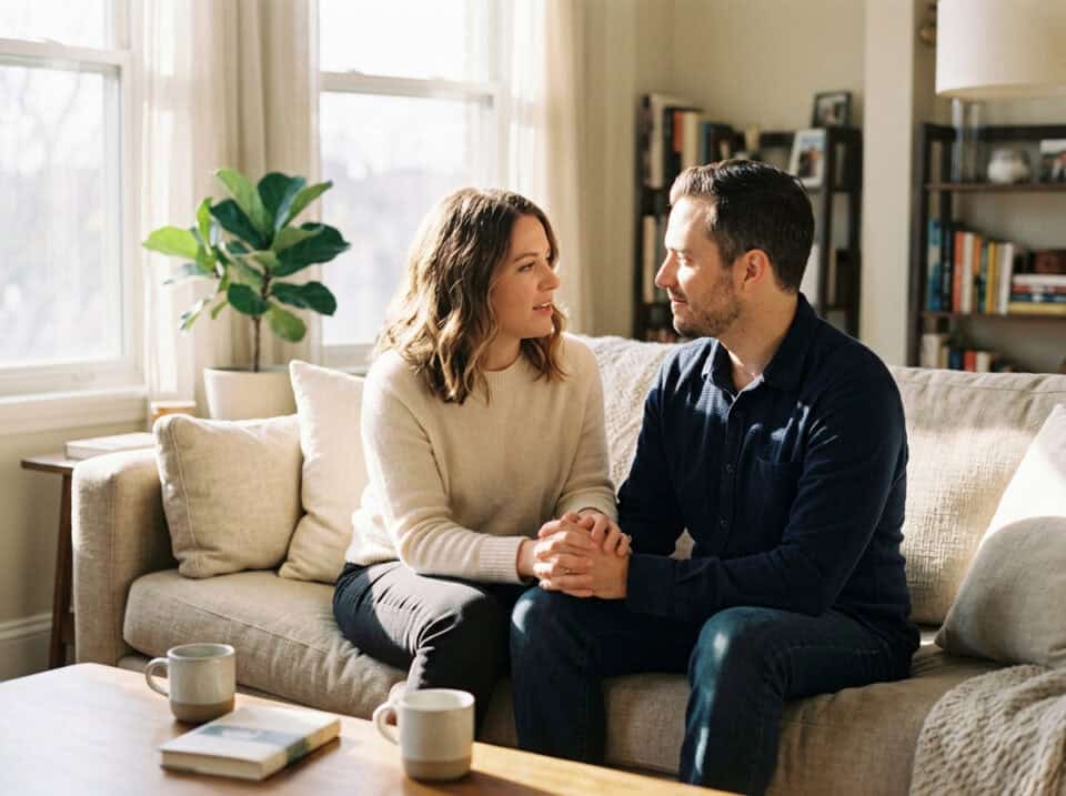 How to Hire an Escort for Your Husband Safely 2 A couple sitting closely on a sofa, holding hands and engaging in a heartfelt conversation in a bright, inviting living room with natural light, bookshelves, and houseplants.