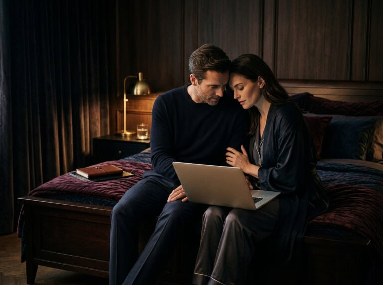 Couple discussing discreetly while using a laptop in a cozy bedroom, emphasizing safe and confidential escort hiring practices for husbands.