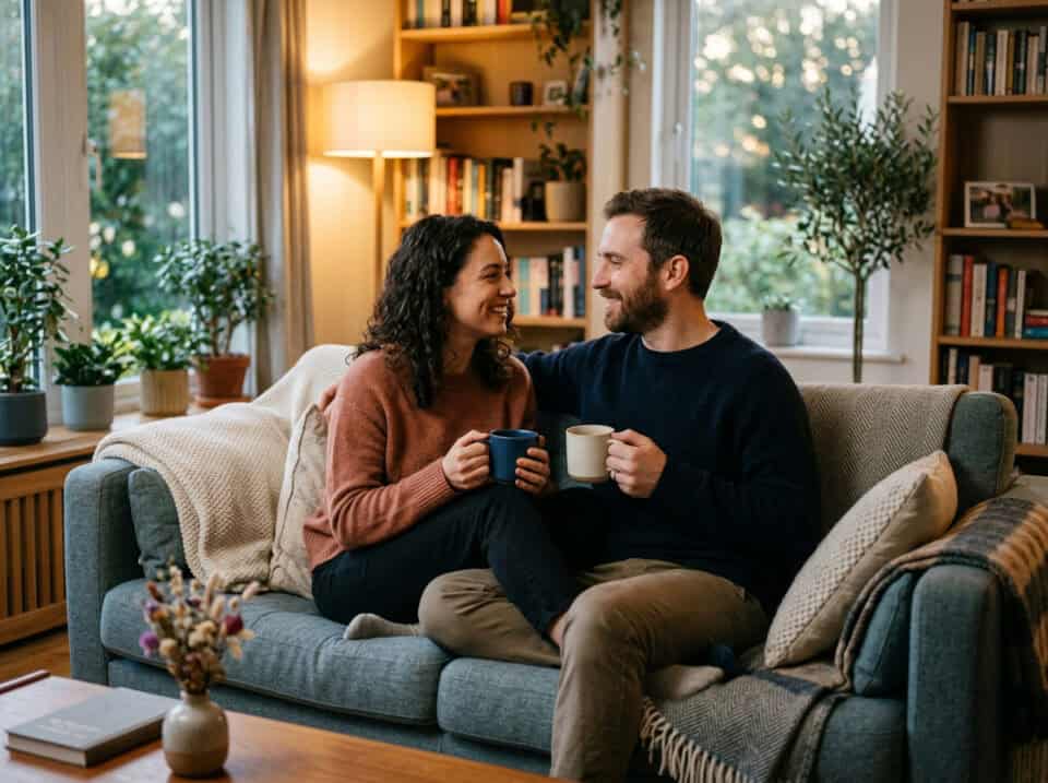 The Happy Wife's Guide to Sissy Husband Lifestyles 6 Happy couple sitting on a sofa, holding mugs, smiling at each other in a warm, well-lit living room with bookshelves and large windows.