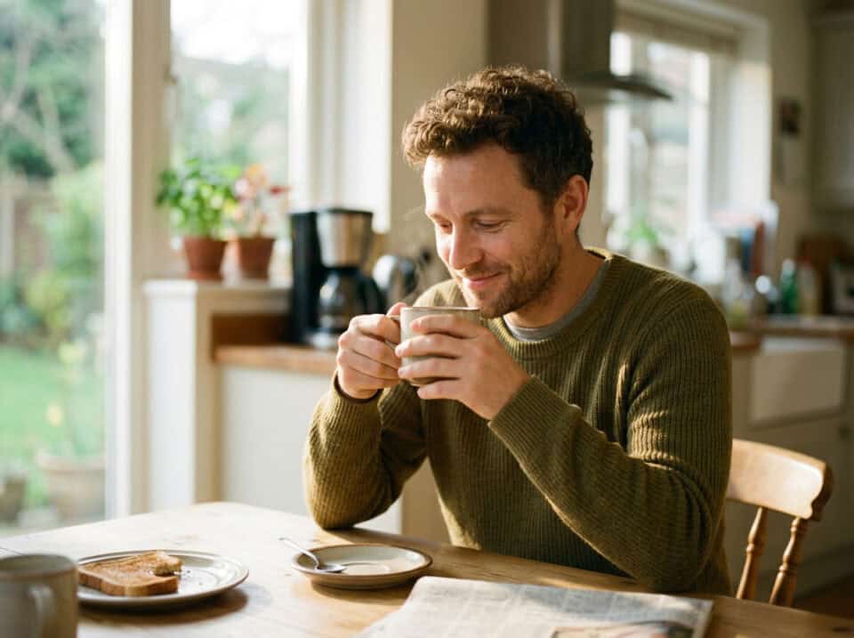 The Happy Wife's Guide to Sissy Husband Lifestyles 4 Man relaxing with a warm cup of coffee in a cozy kitchen setting.