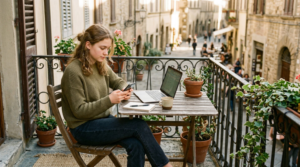 How to Raise a Family Abroad: A Realistic Expat Guide 2 Woman sitting at a balcony table using her smartphone with a laptop and coffee, enjoying a peaceful moment outdoors in a European city.