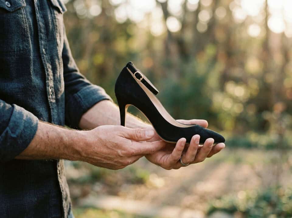 The Happy Wife's Guide to Sissy Husband Lifestyles 5 Person holding a black high heel shoe outdoors, symbolizing boundaries and marriage advice for sissy husbands.