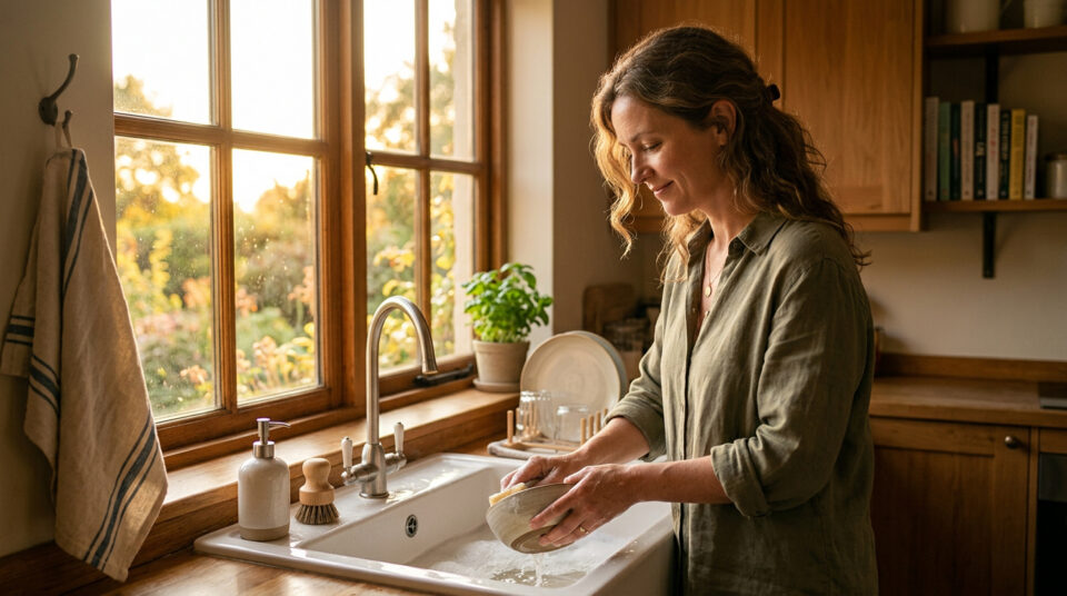 Woman enjoying a peaceful moment while washing dishes in a cozy kitchen with sunlight streaming through the window.