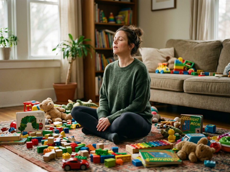 Woman meditating peacefully in a cozy living room surrounded by toys and books, practicing mindfulness to find joy and calmness during emotional numbness.