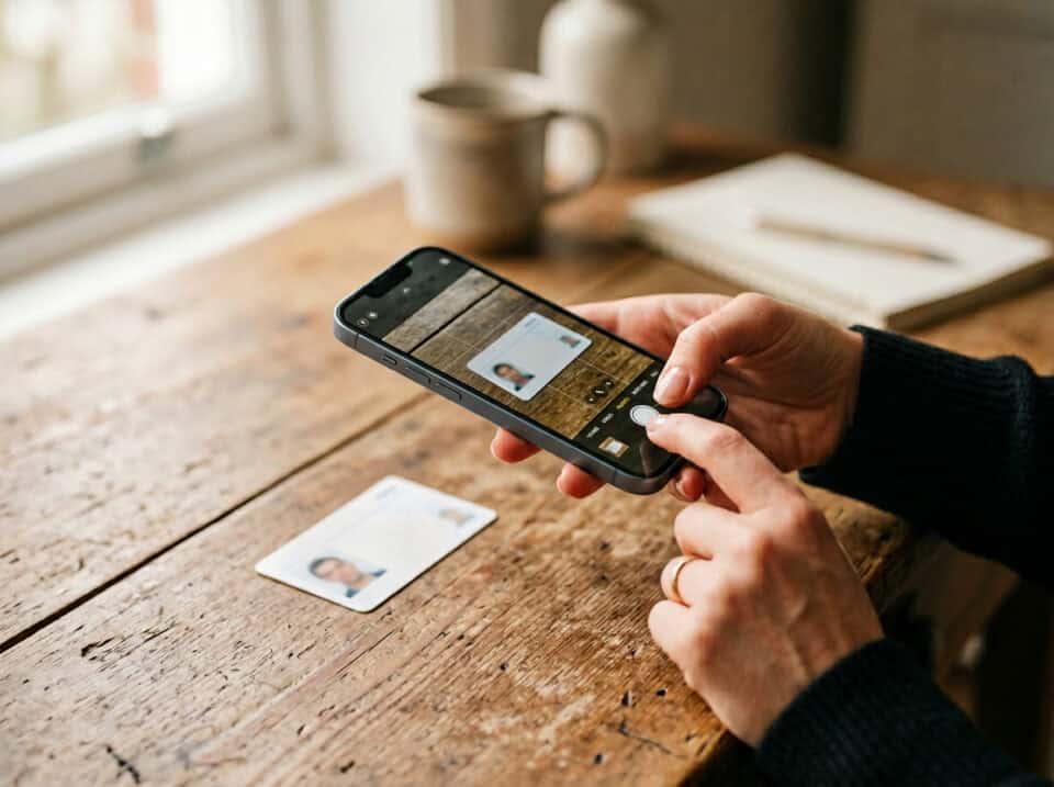 How to Hire an Escort for Your Husband Safely 5 Person holding smartphone with escort profile photo, sitting at wooden table with coffee mug and notepad, emphasizing discreet and safe hiring practices.