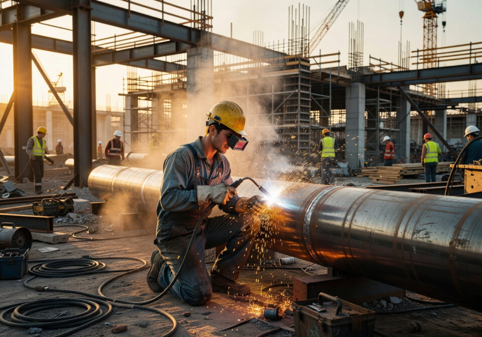 Construction worker welding on a large pipe at a busy construction site during sunset.
