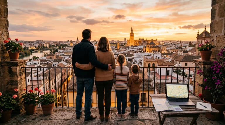 Family enjoying sunset view from a rooftop terrace overlooking a historic European cityscape, highlighting expatriate lifestyle and family travel experiences.