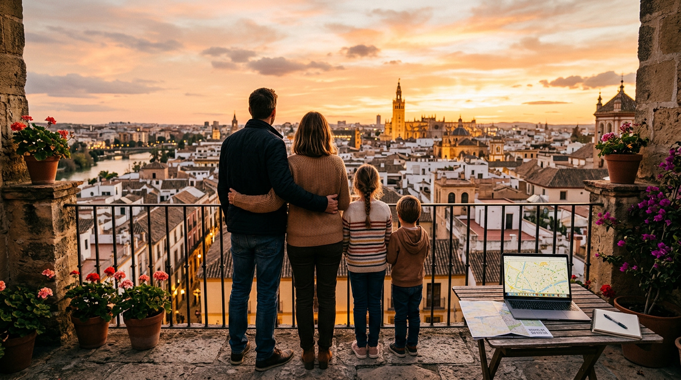 How to Raise a Family Abroad: A Realistic Expat Guide 1 Family enjoying sunset view from a rooftop terrace overlooking a historic European cityscape, highlighting expatriate lifestyle and family travel experiences.