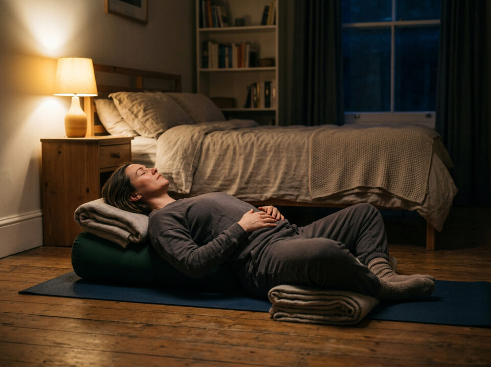 Relaxing woman practicing mindfulness and meditation on yoga mat in a cozy, dimly lit bedroom to find joy and calmness during emotional numbness.