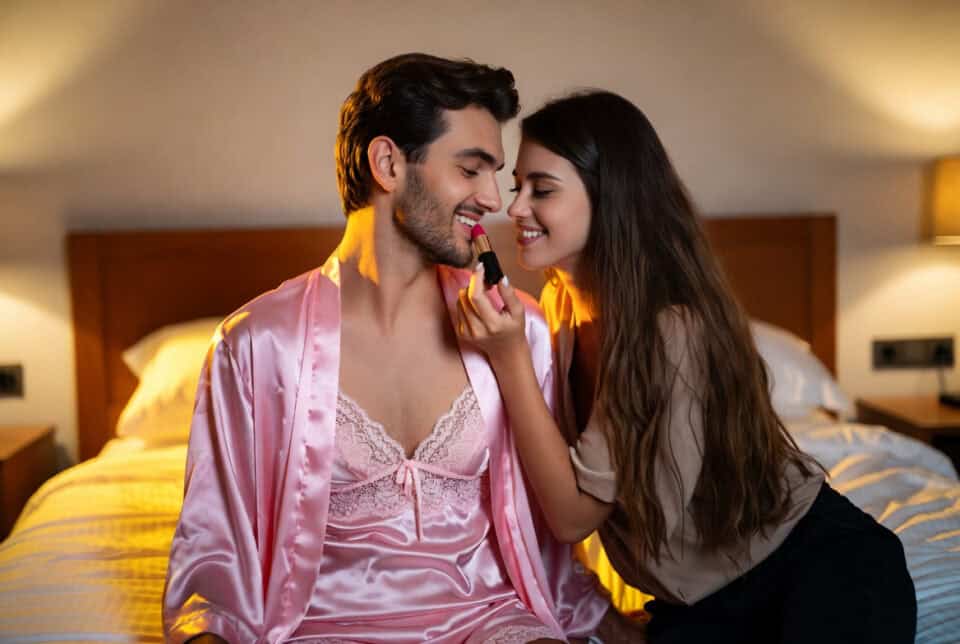 The Happy Wife's Guide to Sissy Husband Lifestyles 7 Intimate moment between a couple in a bedroom, highlighting boundaries and marriage advice for sissy husbands and their partners.