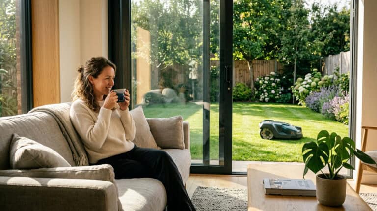 An image of a woman relaxing on a sofa using a smart home device, with a robotic vacuum cleaner operating in the background outside through large glass doors, illustrating convenient smart home techno.