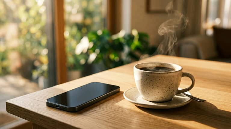 A steaming coffee cup and a smartphone resting on a wooden table near a window with sunlight streaming in.