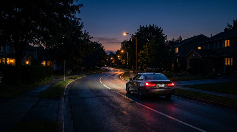 A car driving on a residential street during evening hours with streetlights illuminating the road and houses.