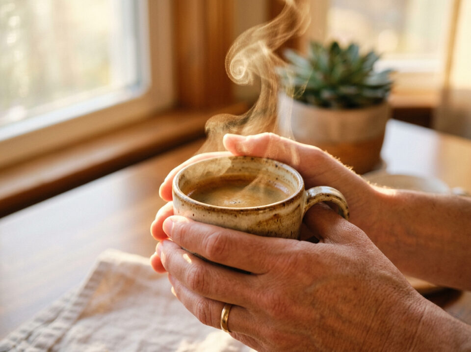A person holding a steaming cup of coffee or tea, enjoying a moment of warmth and comfort indoors, with a cozy wooden window sill and a potted plant in the background.