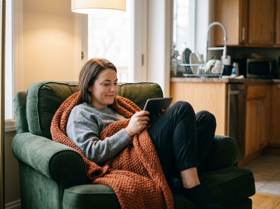 Woman relaxing on a green sofa, reading on a tablet, with a cozy blanket, in a bright living room, promoting finding joy and comfort during emotional numbness.