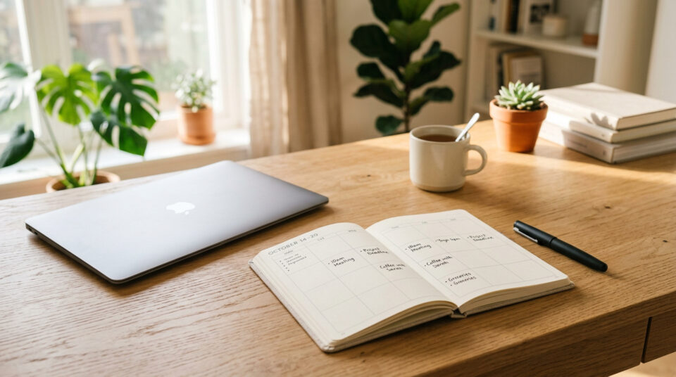 Money Management for Students: Habits to Stop Overspending 2 Student budget planning workspace with laptop, planner, coffee, and plants, emphasizing money management habits to avoid overspending.