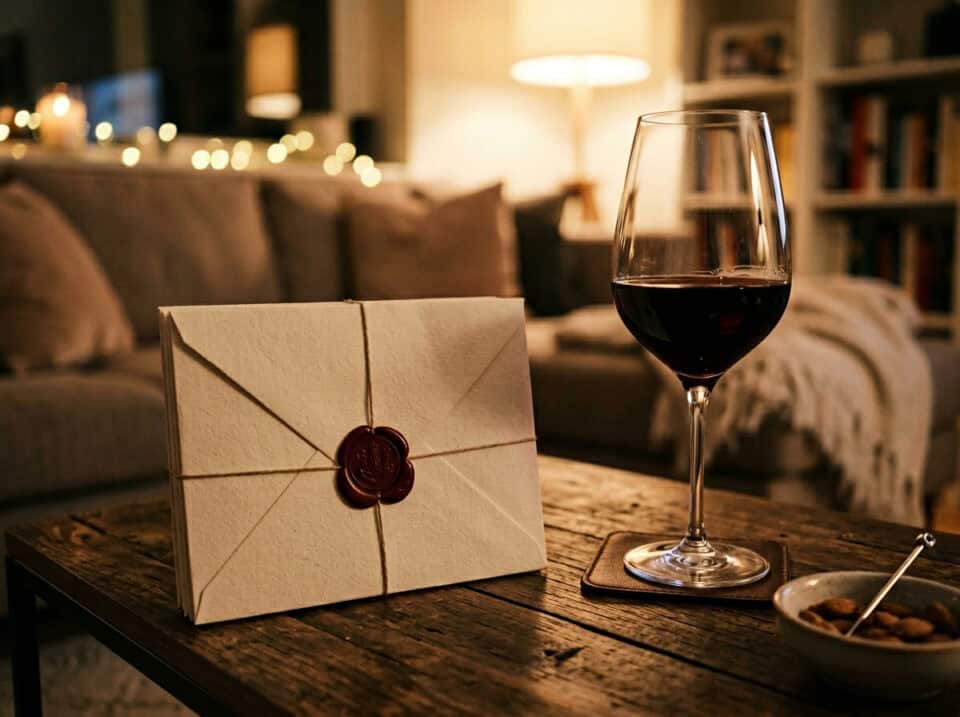How to Hire an Escort for Your Husband Safely 4 Close-up of a sealed envelope, glass of red wine, and snacks on a cozy living room table, creating an intimate and elegant atmosphere.