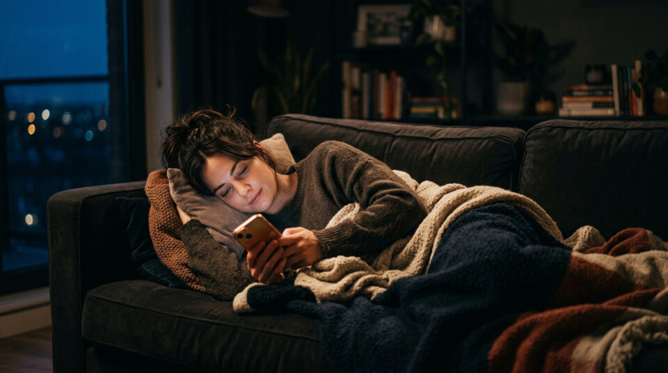 A busy mom relaxing on the sofa at home, using her phone to unwind and enjoy some personal time after a busy day.