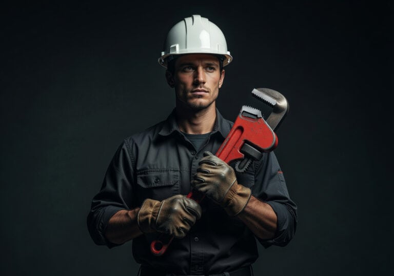 Construction worker holding a large adjustable wrench, wearing a safety helmet and gloves, symbolizing skilled trades and the importance of trade careers in a modern, automation-proof job market.