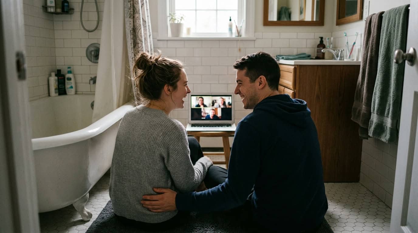 A couple sitting on the bathroom floor, engaging in a heartfelt conversation while watching a video on a laptop, surrounded by bathroom fixtures and decor.