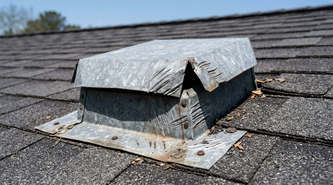 A metal roof vent with bent corners and animal damage resting on dark asphalt shingles.