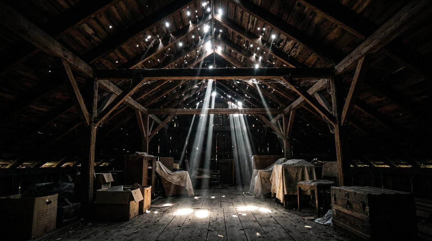 Sharp pinholes of bright sunlight piercing through the deteriorated wooden ceiling of a pitch-black attic.