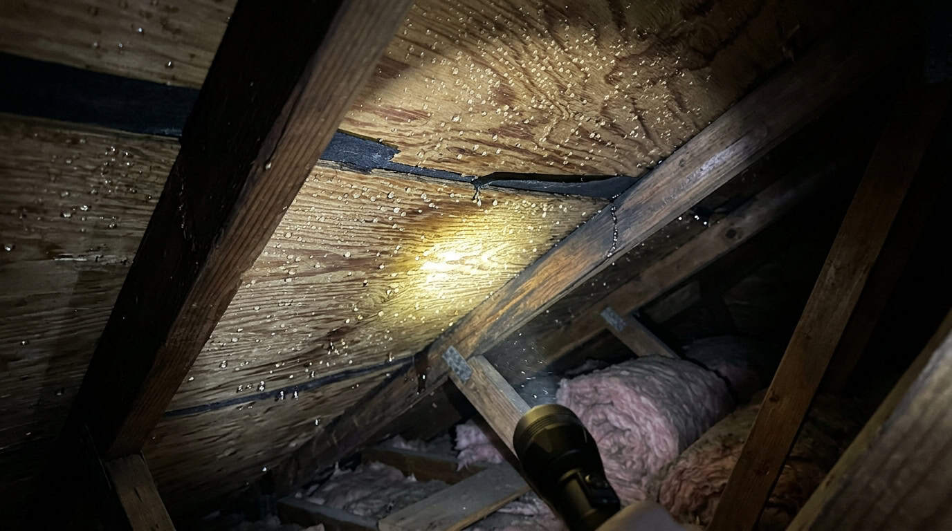 Heavy water condensation visibly sweating on raw plywood sheathing inside a dark residential attic.