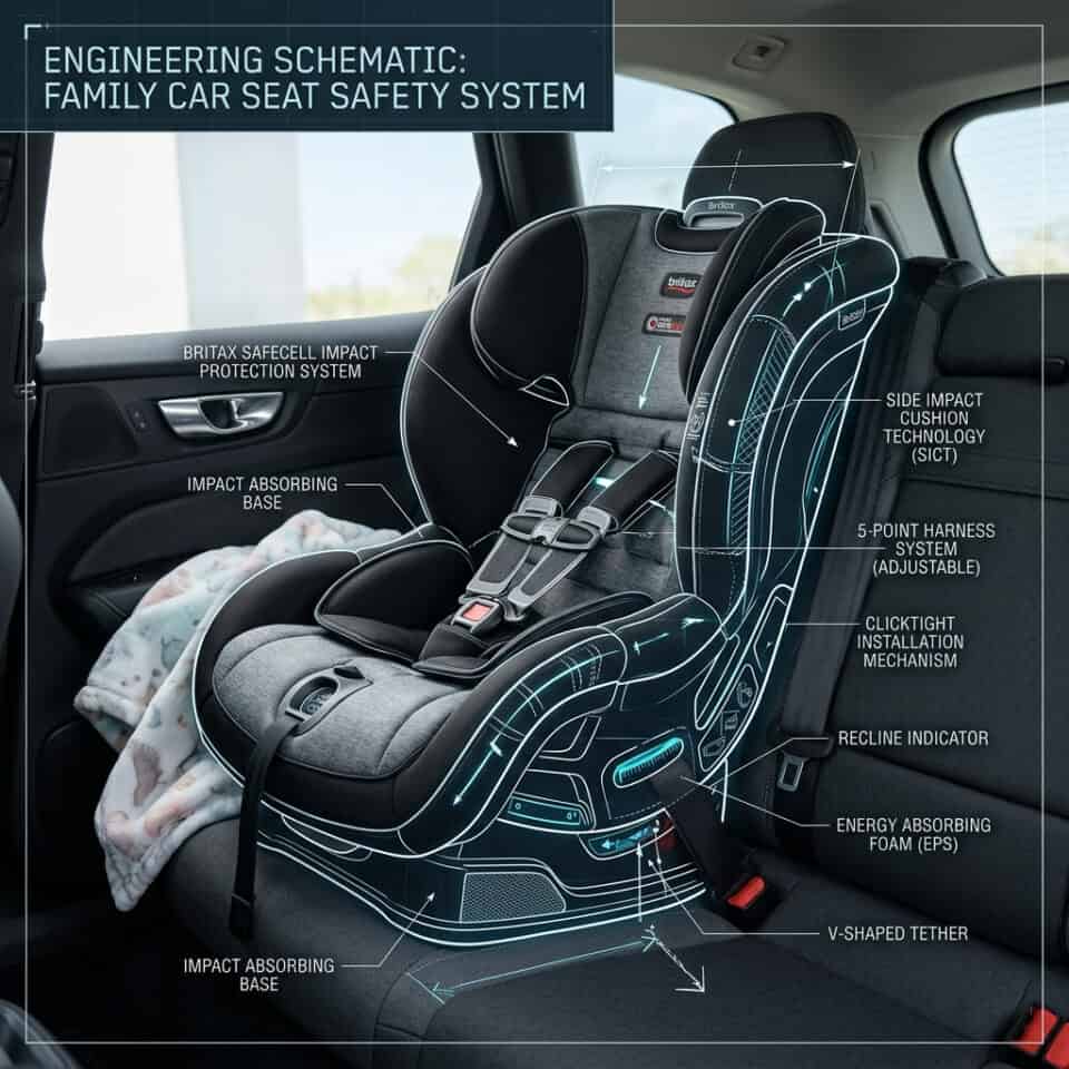 Detailed diagram of a family car seat safety system showing impact protection, adjustable harness, recline indicator, and energy-absorbing foam for child safety.