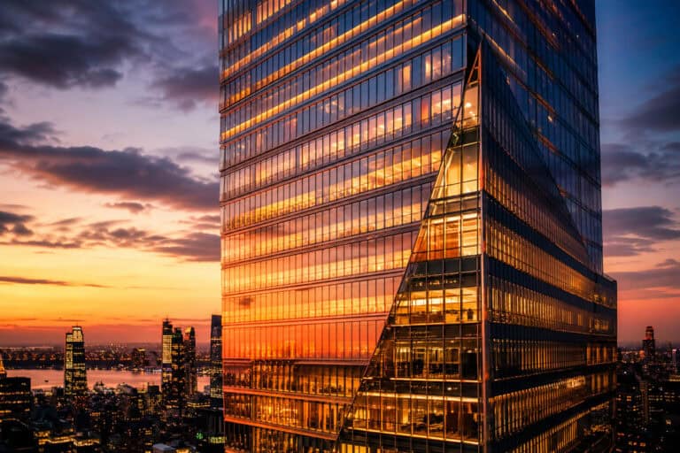 Stunning view of a glass skyscraper during sunset, showcasing the building's reflective surface and the colorful sky, highlighting urban architecture and cityscape at dusk.