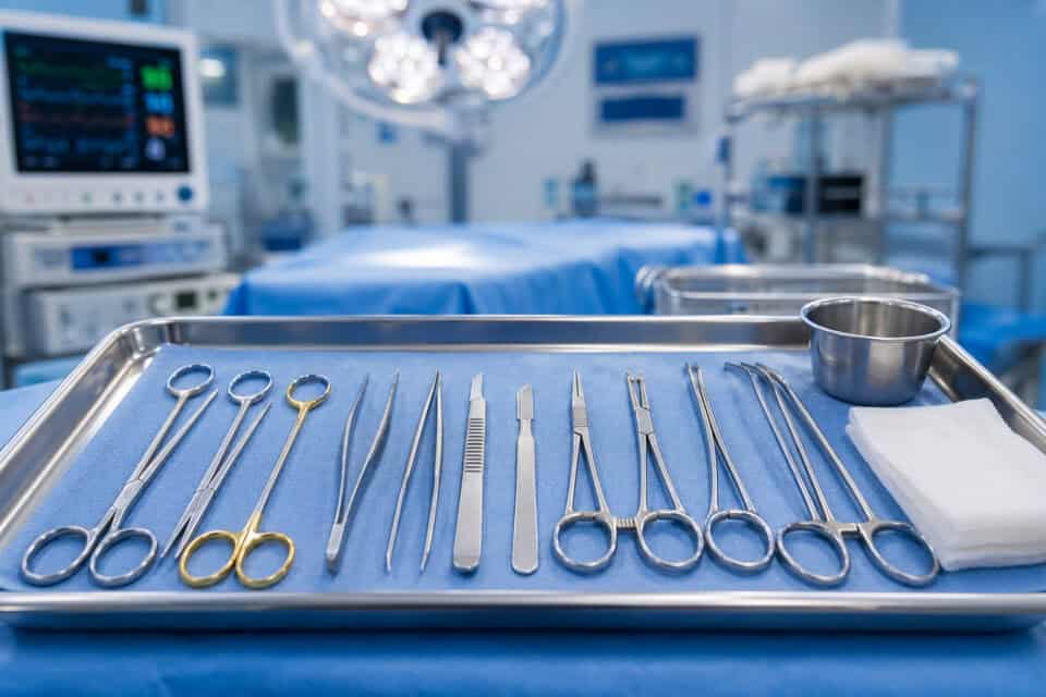 Sterile surgical instruments arranged on a tray in an operating room, including scissors, forceps, and scalpels, ready for medical procedures.