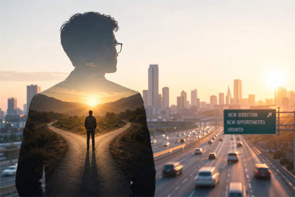 A silhouette of a person with a cityscape and highway in the background, symbolizing new opportunities and growth in urban environments.