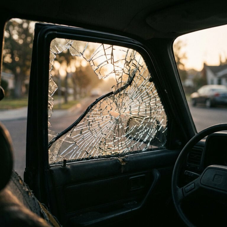 A close-up of a damaged vehicle window with cracked and shattered glass, showing the impact of an accident or vandalism.