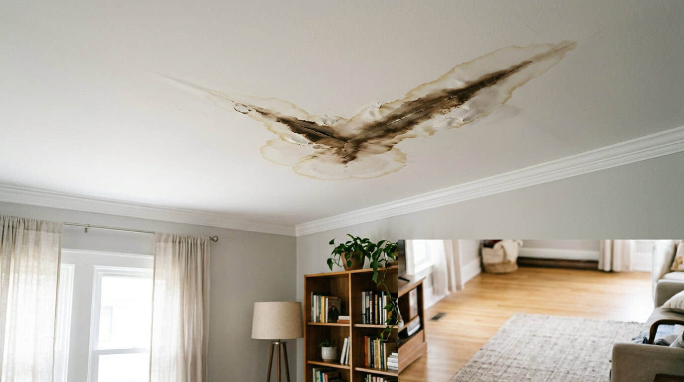A white interior drywall ceiling showing a dark brown V-shaped water damage stain near a corner.